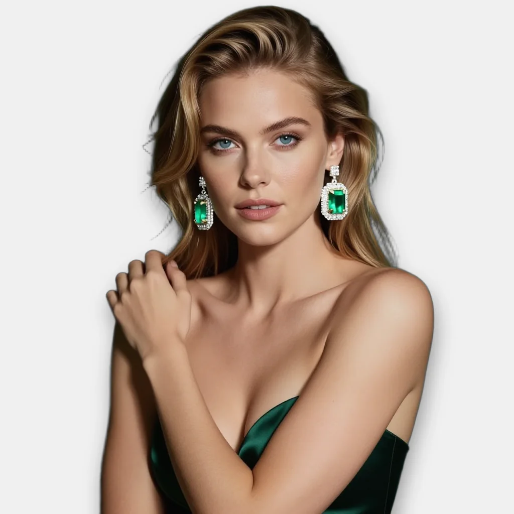 model in emerald earrings, an AI fashion model on-model image generated by ImagePipeline